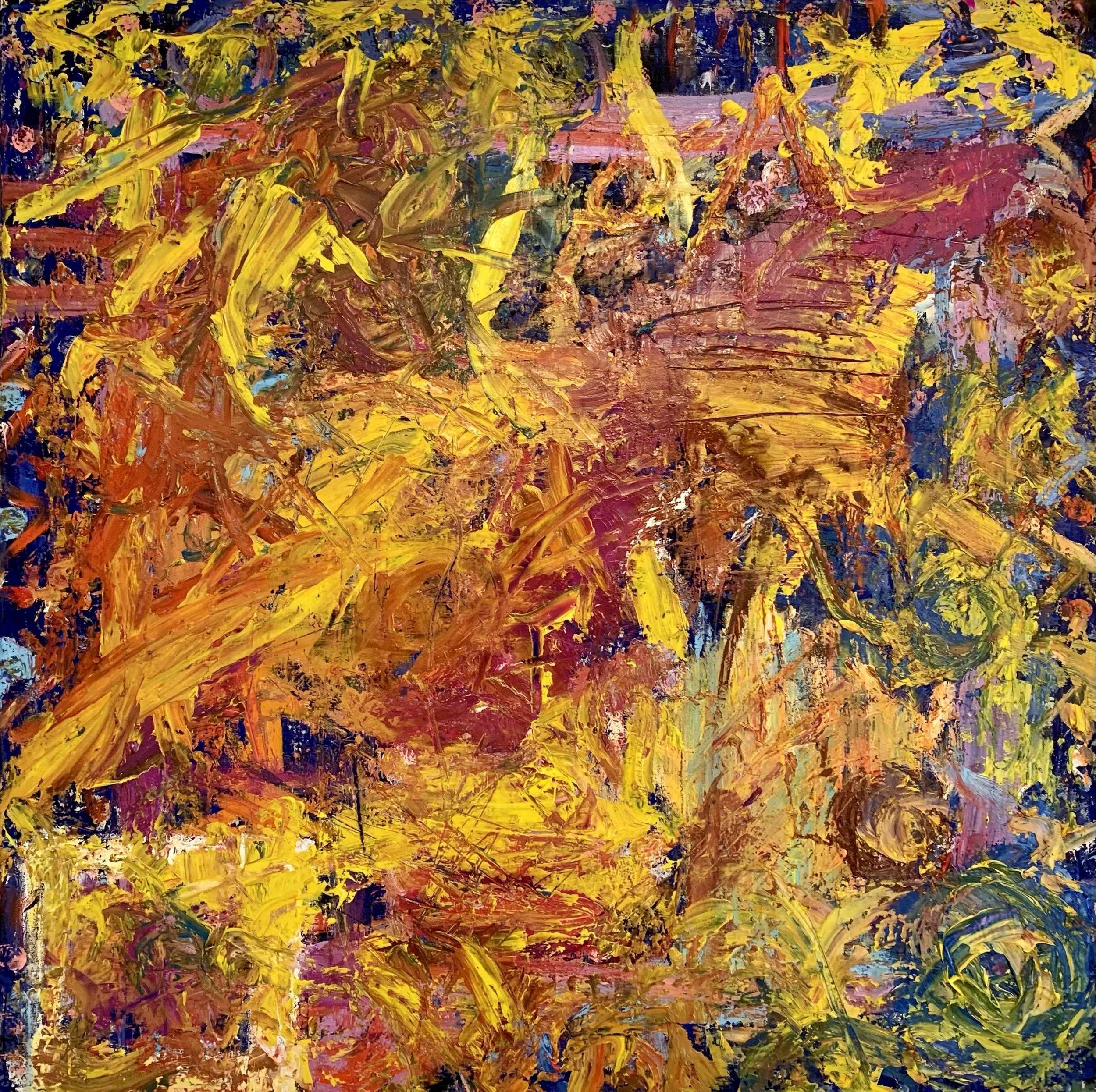 Abstract painting with vibrant yellow, orange, red, purple, blue, and green brushstrokes.