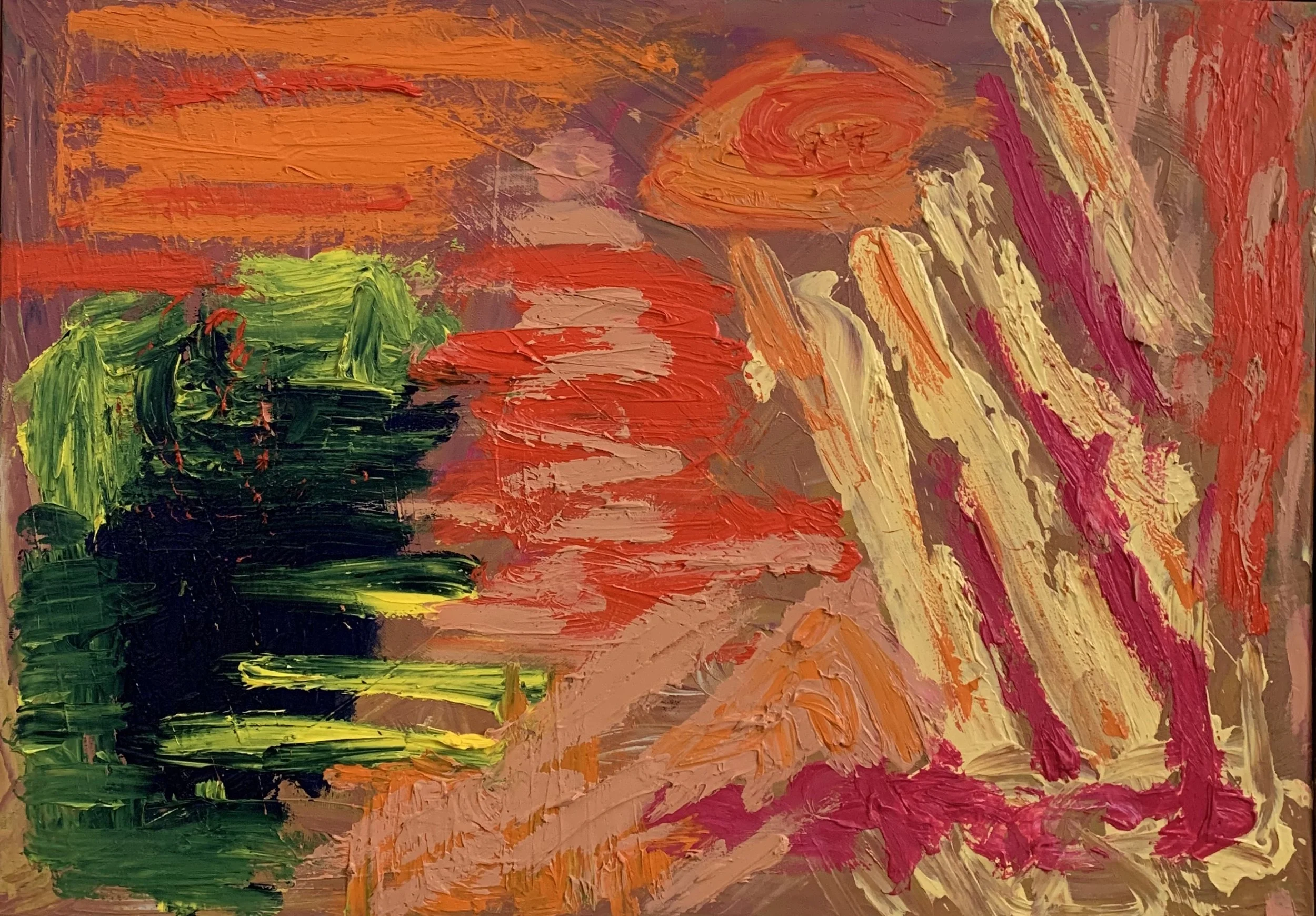 Abstract expressionist painting with bold, textured brushstrokes in red, orange, pink, green, yellow, and beige colors.