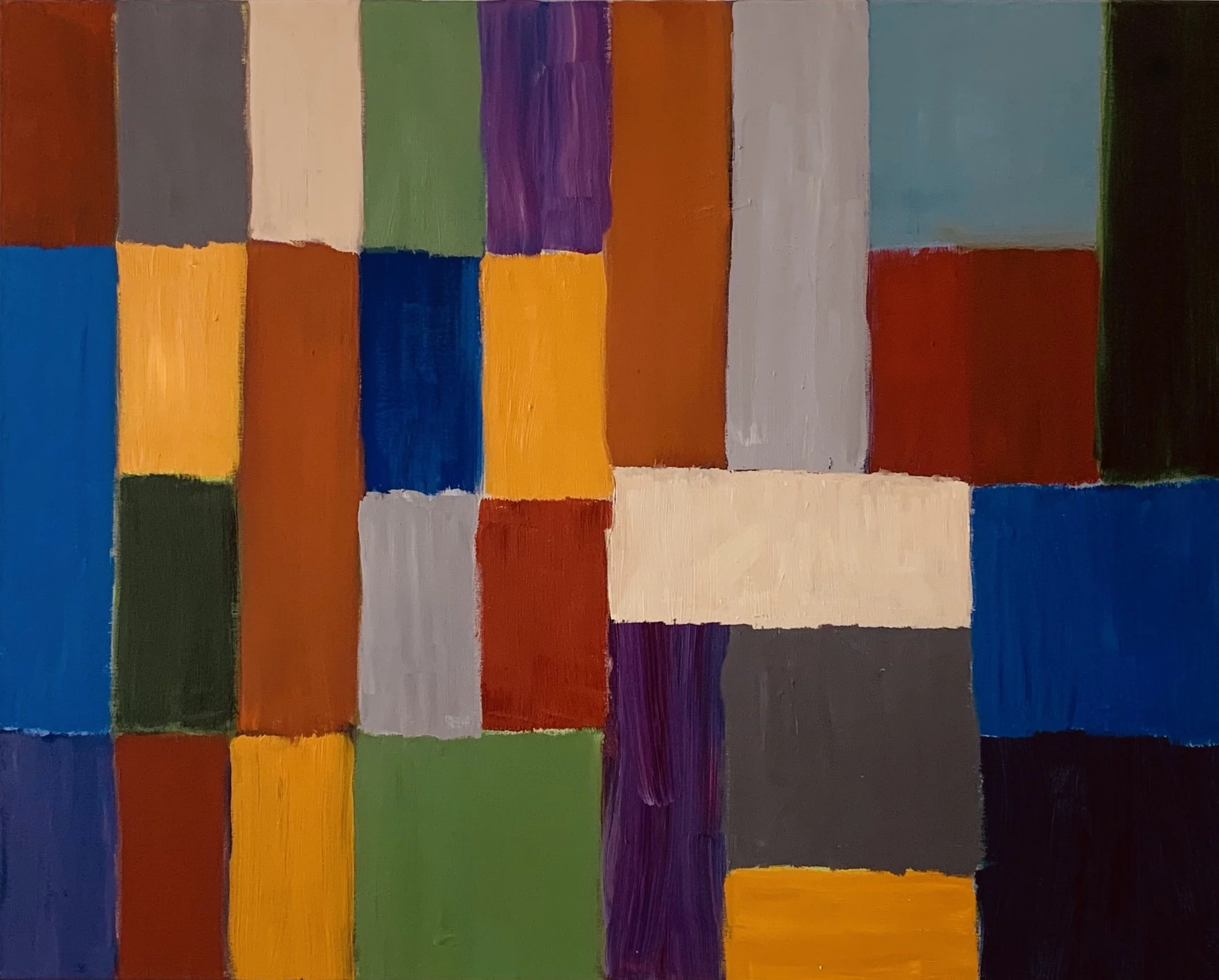 Abstract painting with rectangular patches of various colors including orange, purple, green, blue, gray, red, black, and cream.