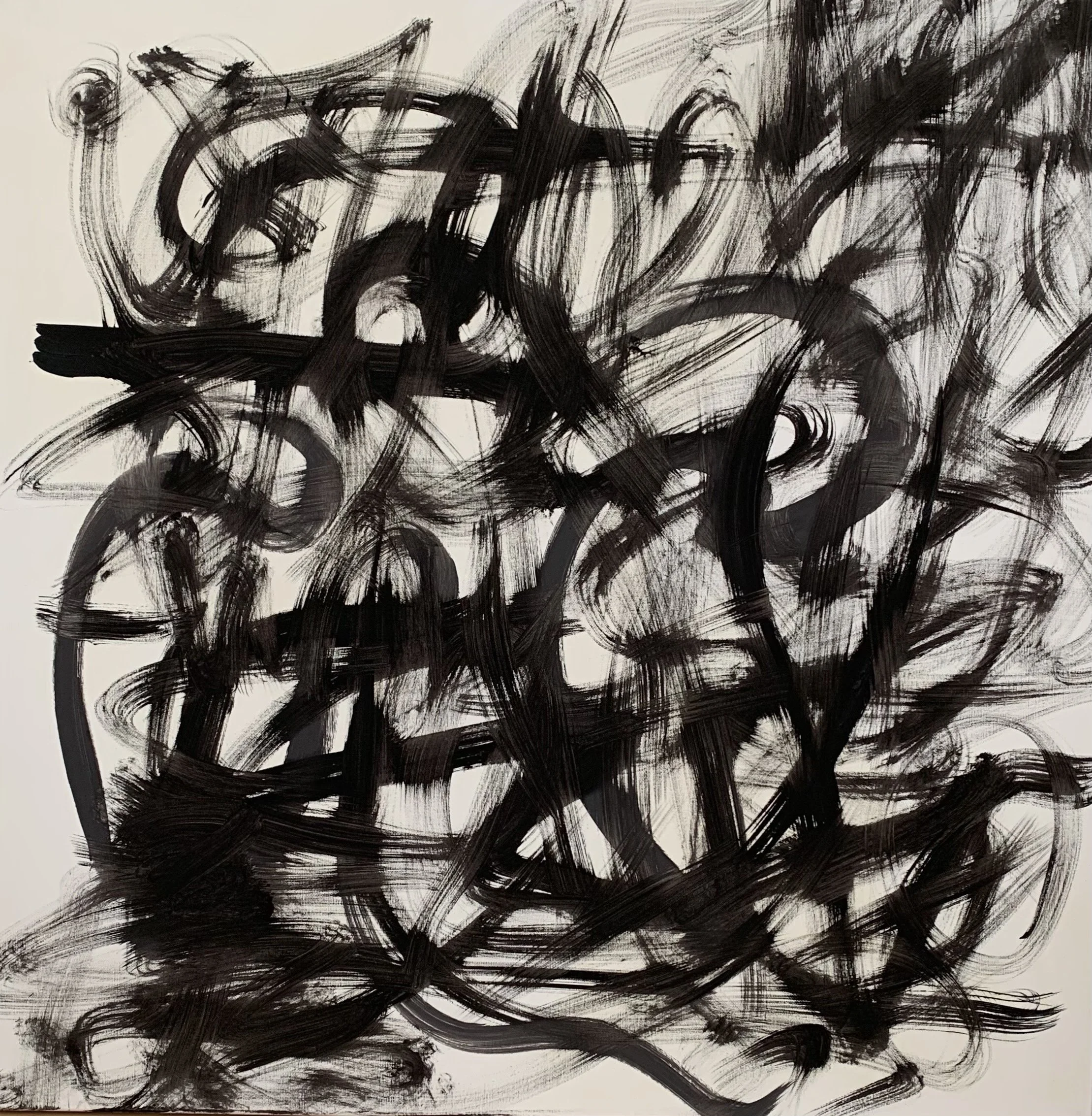 Abstract black ink strokes on a white background, chaotic and expressive