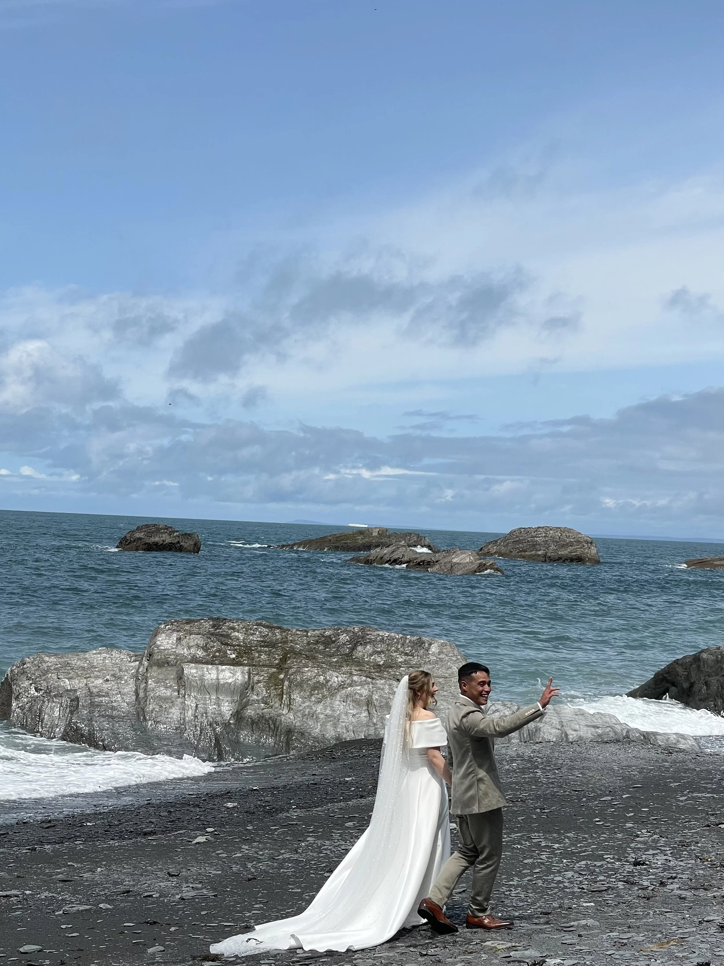 Just married couple on the beach in Cornwall