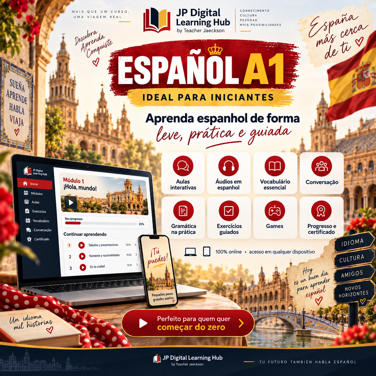Anúncio de curso de espanhol para iniciantes, destacando aprendizado leve, prático e guiado. Inclui elementos de cultura espanhola, fotos de monumentos, dispositivos eletrônicos com aulas online, ícones de tópicos do curso, e frases motivacionais.