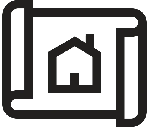 Pixelated black and white icon of a house within a rectangular frame.
