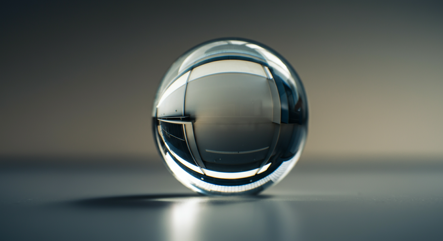 A clear glass sphere placed on a flat surface reflects an industrial interior with gray walls, windows, and ceiling lights.