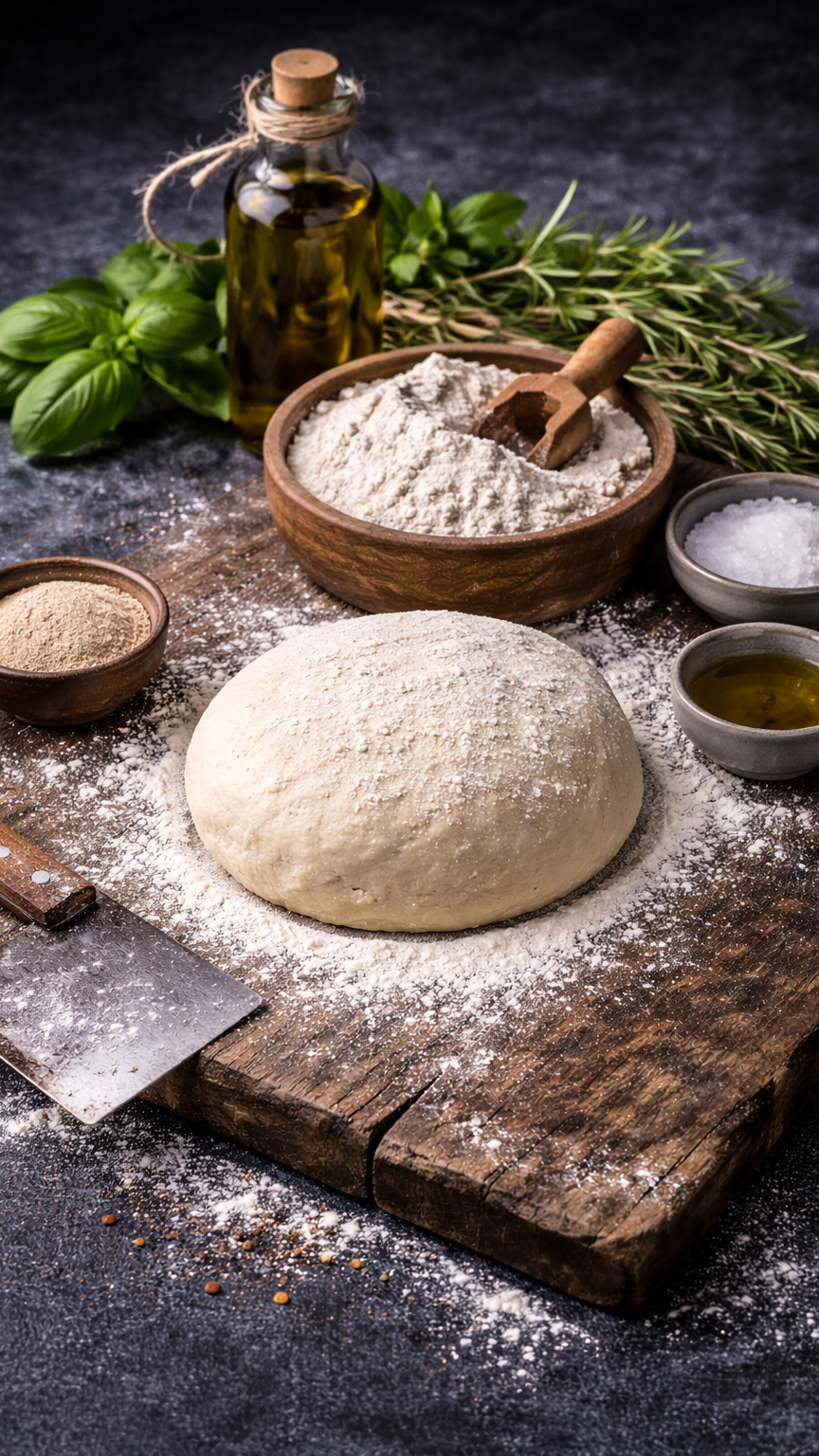 Dough resting on a wooden surface surrounded by bowls of flour, salt, and spices, with herbs and a bottle of olive oil in the background.