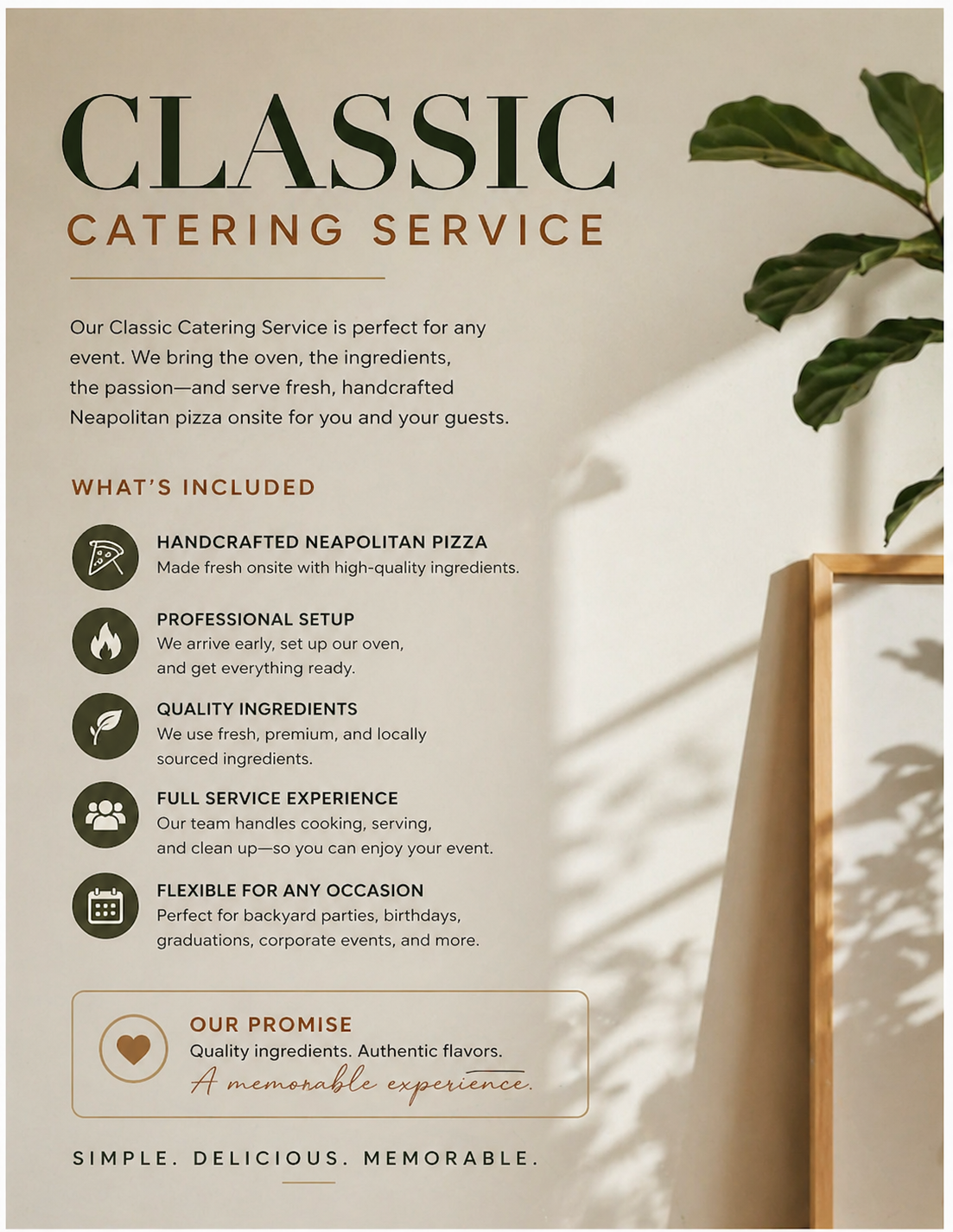 A flyer for Classic Catering Service detailing their offerings, including handmade Neapolitan pizza, professional setup, quality ingredients, full service experience, and flexibility for events, with decorative shadows and a houseplant on the side.