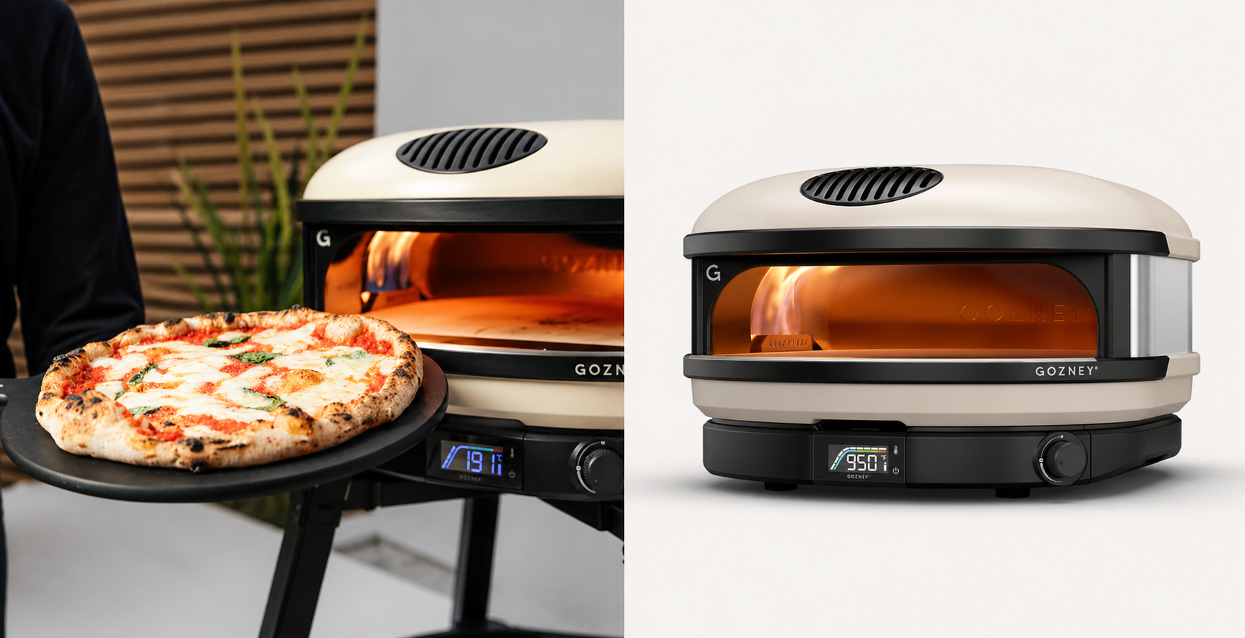 Comparison of two ovens. The left oven is heating a pizza with a person holding the pizza tray nearby, displaying a temperature of 191°F. The right oven is not in use, displaying a temperature of 950°F and a modern, sleek design with a digital control panel.