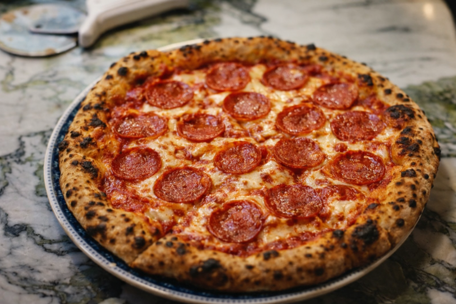 Pepperoni pizza on a decorative plate placed on a marble table.