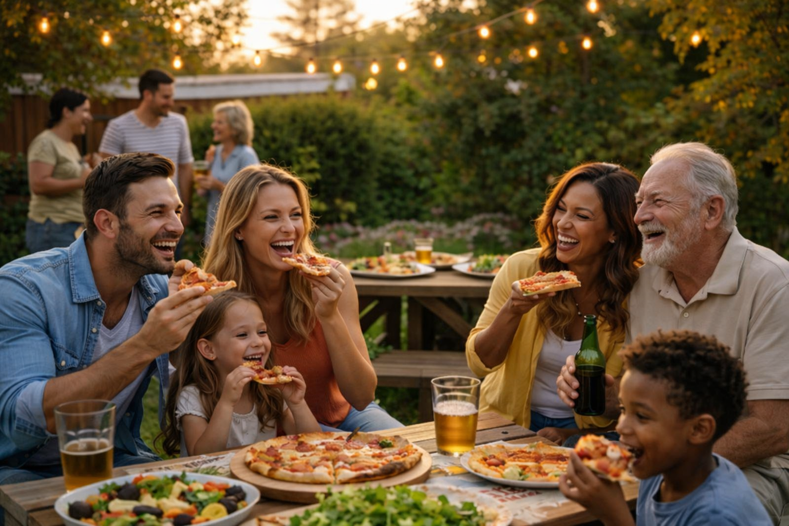 Family and friends enjoying a backyard outdoor pizza gathering at sunset, with string lights overhead and a table of food and drinks.