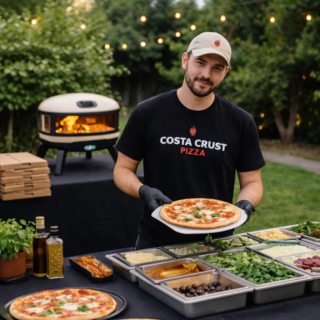 A man wearing a black T-shirt with 'Costa Crust Pizza' logo, holding a pizza, standing outdoors with a pizza oven and toppings spread out on a table.