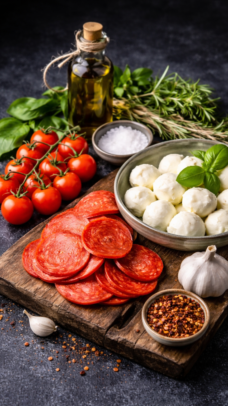 Sliced cured salami, fresh mozzarella balls garnished with basil, cherry tomatoes on vine, garlic bulb, salt, dried chili flakes, and fresh herbs on a wooden cutting board.