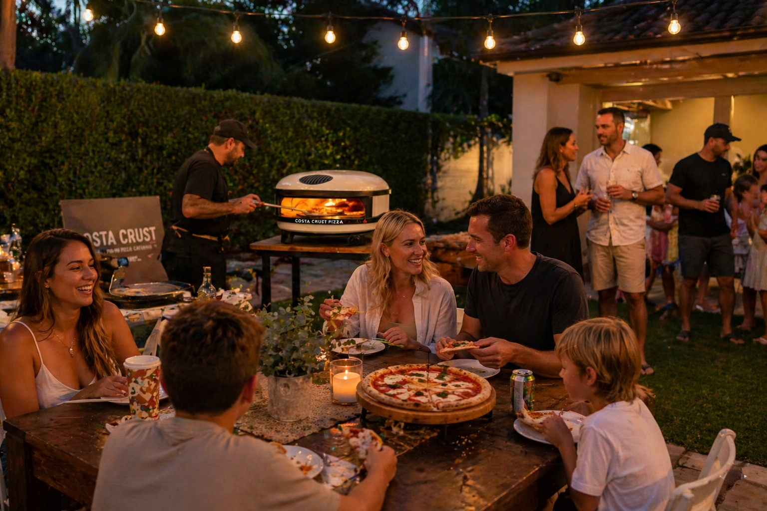 People enjoying an outdoor pizza party at dusk, with string lights overhead, a pizza oven, and a group of friends talking and laughing.
