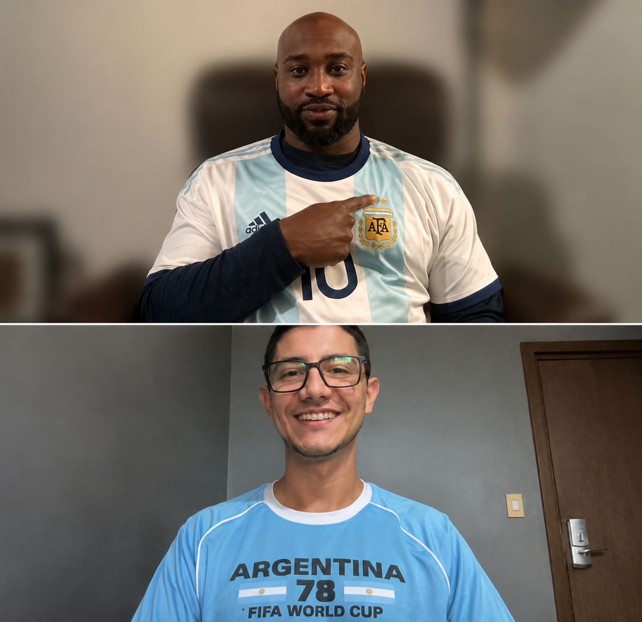 Two men wearing Argentina football shirts.