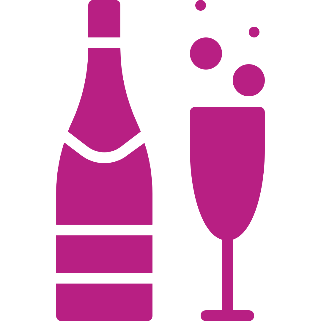 Stylized purple icon of a champagne bottle and a filled champagne flute with bubbles.
