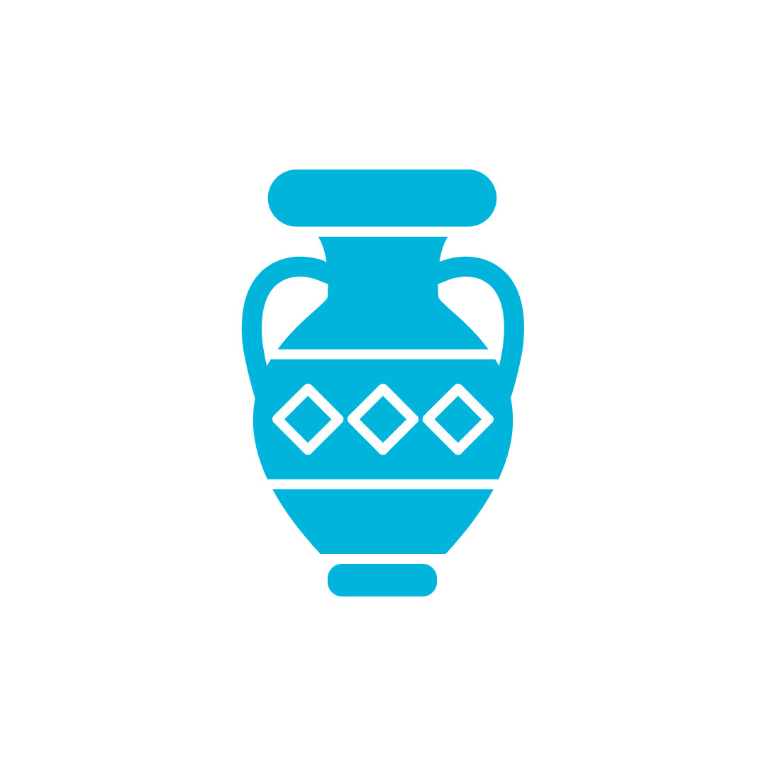 Blue decorative vase with geometric patterns on a white background.
