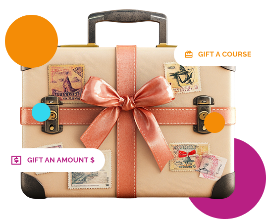 A vintage-style suitcase decorated with stamps, a pink ribbon bow, and labels for gift cards, with colorful graphical elements indicating gift options.