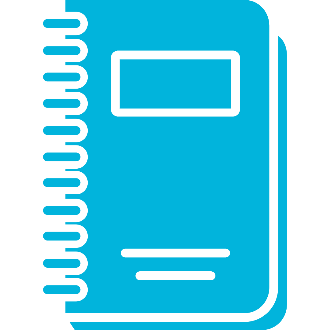 A graphic icon of a blue spiral-bound notebook with a rectangular label area on the cover.