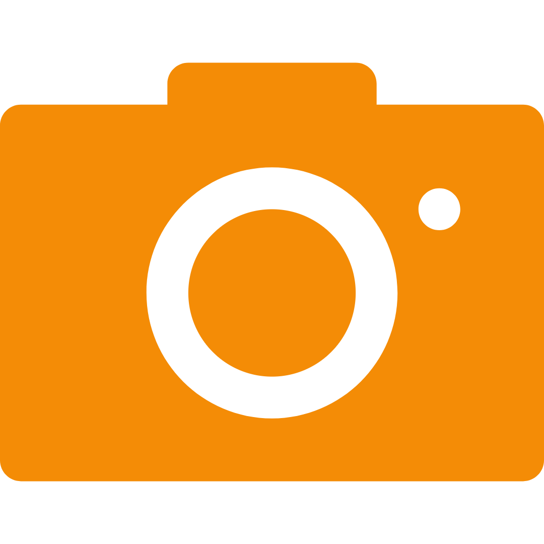 Icon of an orange camera with a black lens and a small black button on the top right.