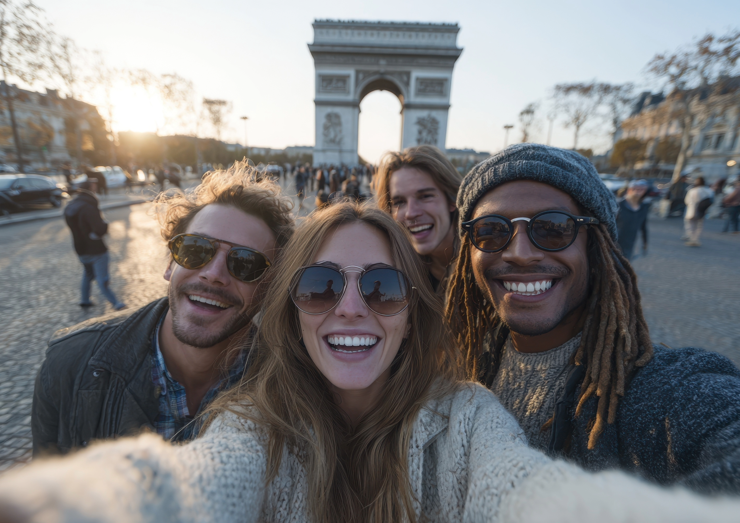 Four friends smiling and taking a selfie in front of the Arc de Triomphe in Paris during sunset.