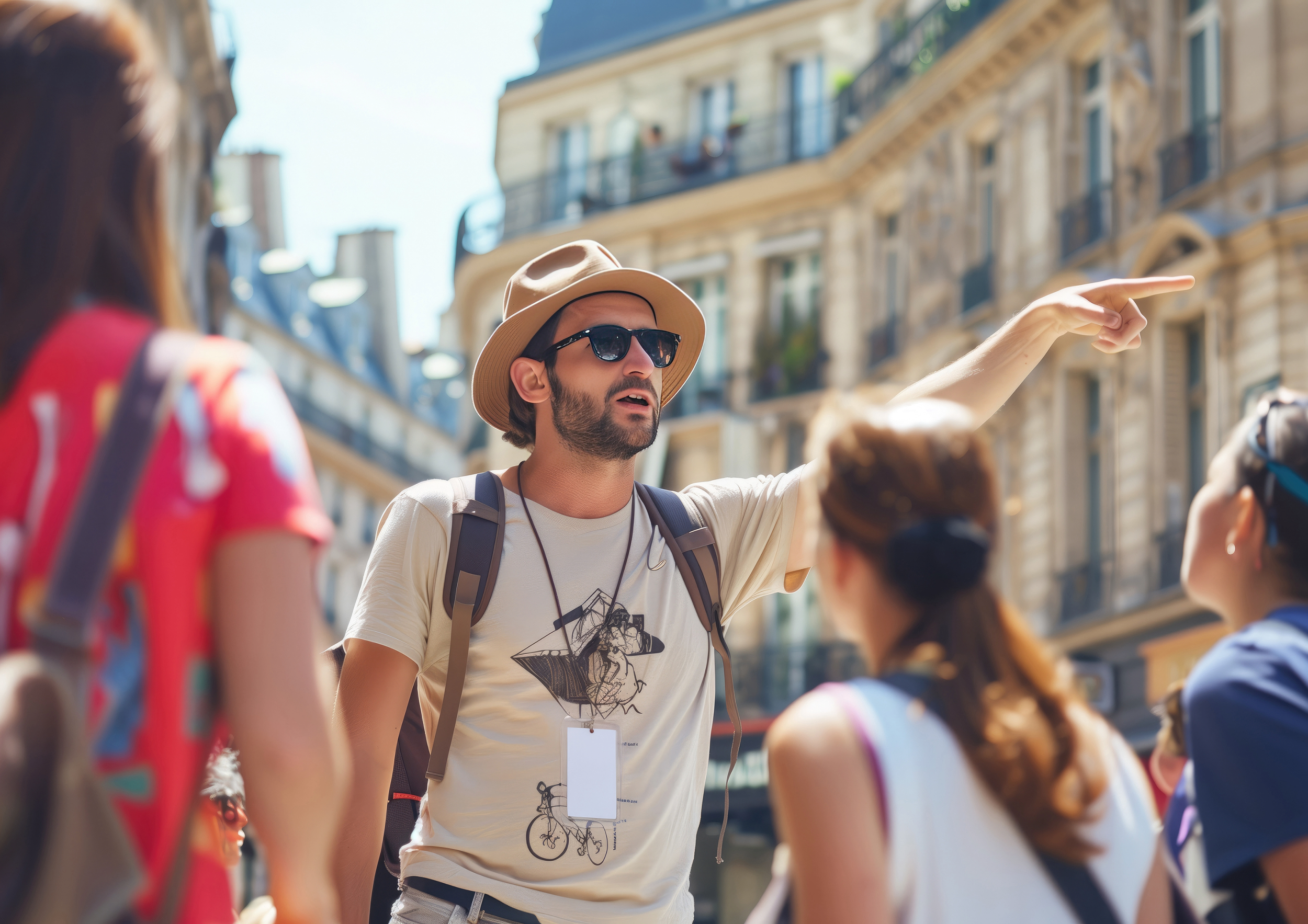 A tour guide leading a group of tourists on a city street, pointing and explaining sights, with European-style architecture in the background.
