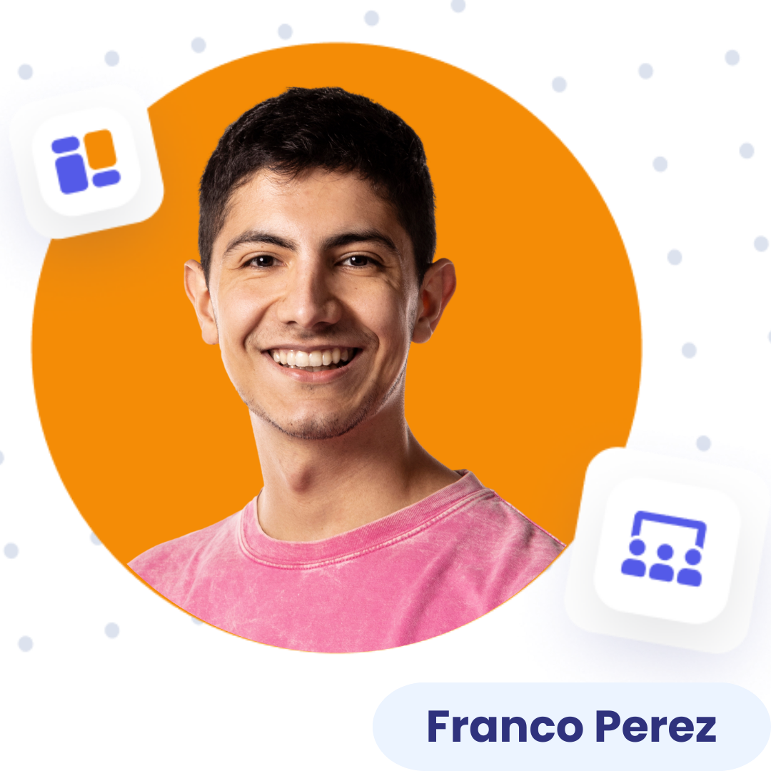 A smiling young man with short dark hair wearing a pink T-shirt, with an orange background and graphic design elements, including icons resembling social media and group chat.