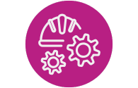 Icon with a handshake and three gears inside a purple circle
