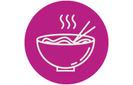 Icon of a steaming bowl of noodles with chopsticks on a purple background.