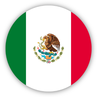 Flag of Mexico with green, white, and red vertical stripes and an emblem of an eagle holding a snake in its beak and talon, perched on a cactus.