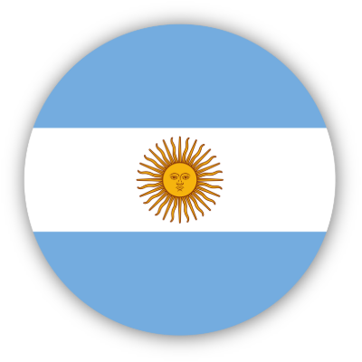 Flag of Argentina with light blue and white horizontal stripes and a sun with a face in the center.