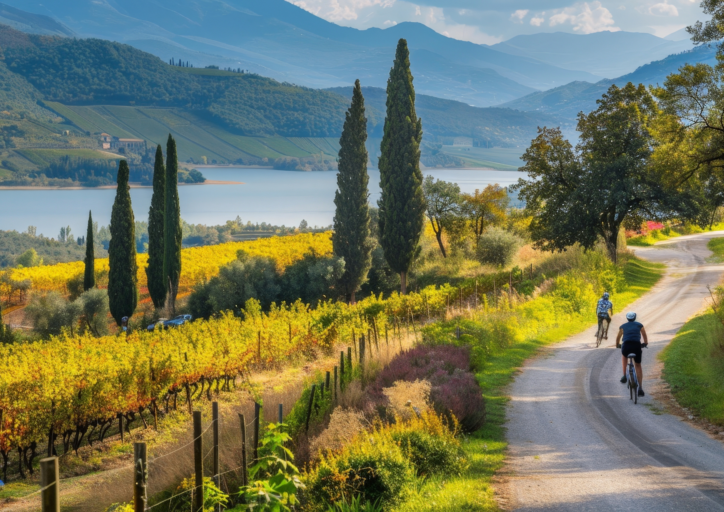 Two people biking on a winding rural road surrounded by vineyards, trees, and colorful foliage, with a lake and mountain range in the background.