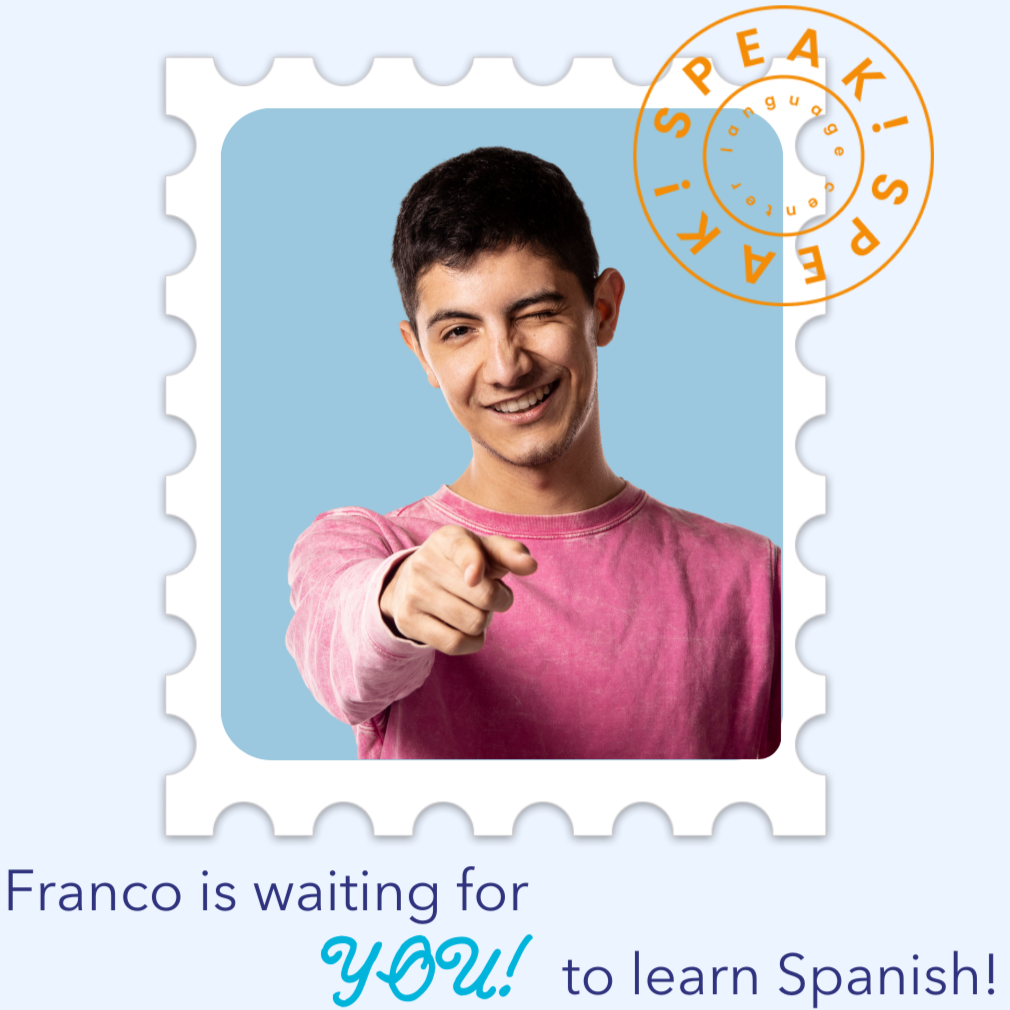 SPEAK! graphic inviting visitors to learn Spanish with Franco.