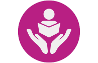 Icon of a person reading a book held by two hands against a purple background.