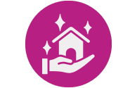 A purple circular icon with a white house in a hand, surrounded by sparkles.