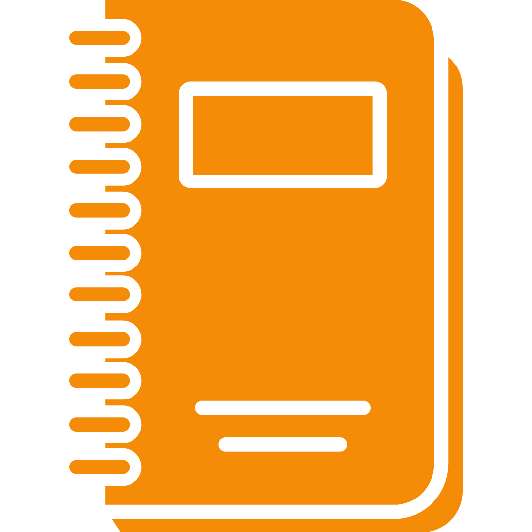 An orange spiral-bound notebook with a rectangular label on the top left corner of the cover.