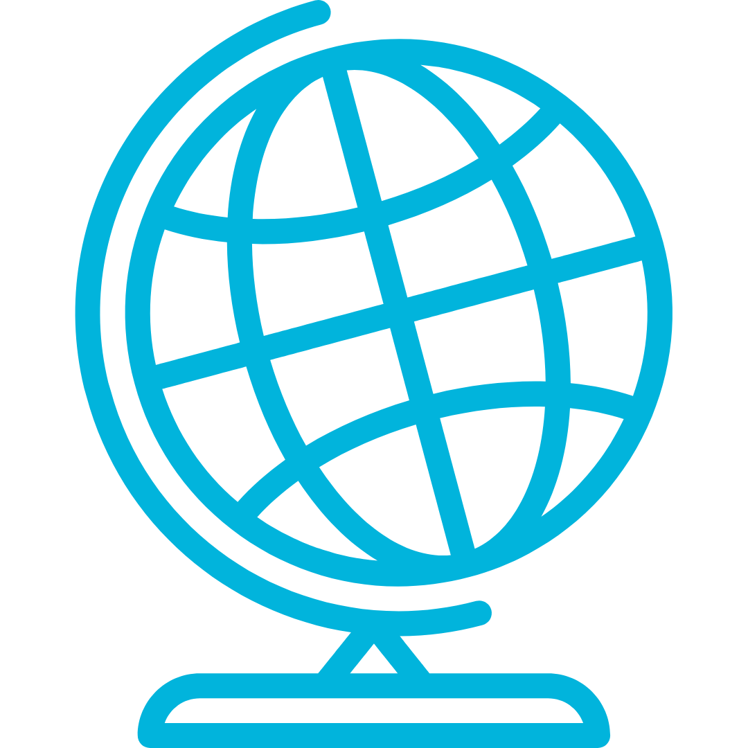 Blue line drawing of a globe with latitude and longitude lines on a black background.