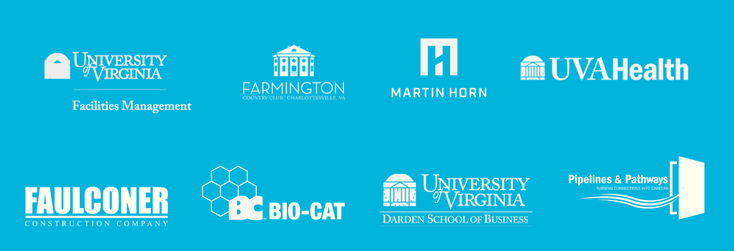 Collection of logos for University of Virginia, UVA Health, Farmington Country Club, Martin Horn, Faulconer Construction Company, Bio-Cat, Darden School of Business, Pipelines & Pathways on a blue background.