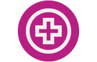 Medical symbol in a purple circle.