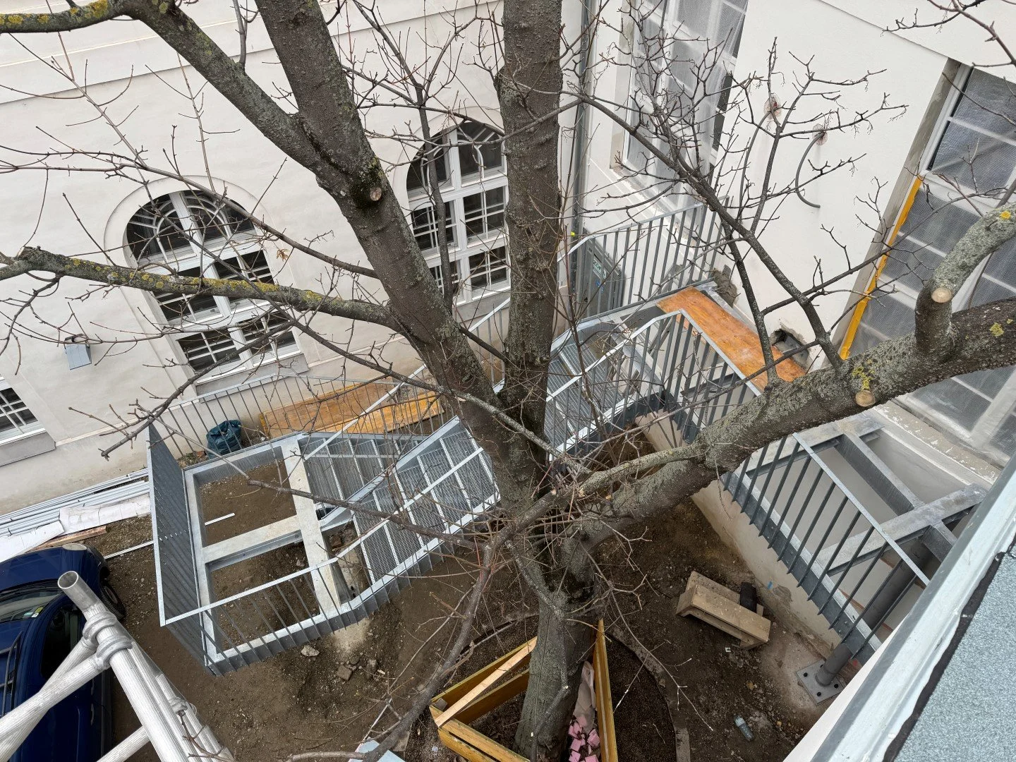 Ansicht eines Innenhofs mit einem großen, baum in der Mitte, davor befinden sich Einstellplätze und eine Treppe, die zur Straße führt.
