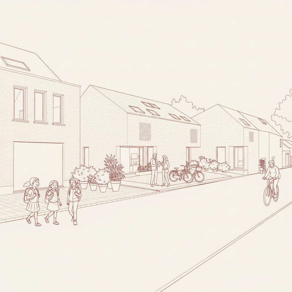 Une esquisse de rue résidentielle avec des maisons modernes, des enfants marchant, des adultes discutant et des personnes à vélo.