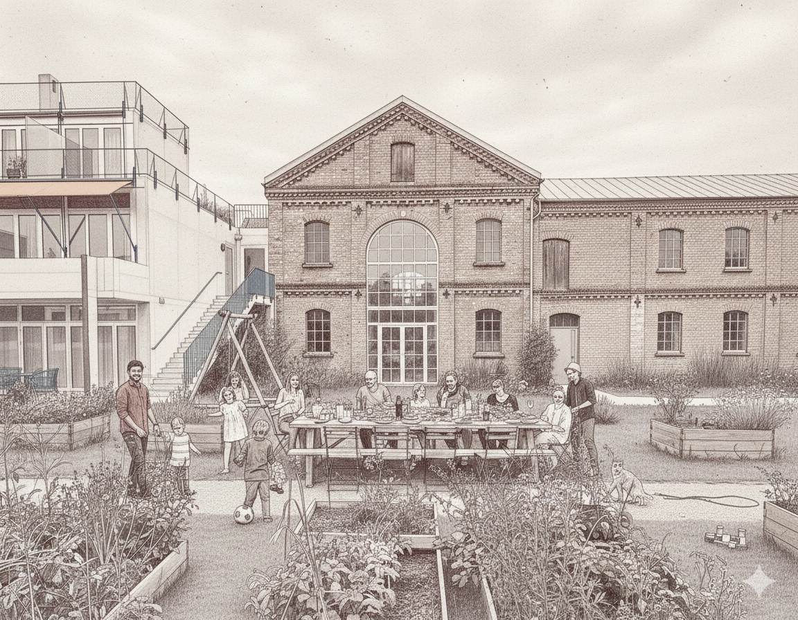 Une scène de réunion en plein air dans un jardin avec des personnes autour d'une table, des enfants jouant, et un bâtiment en arrière-plan.