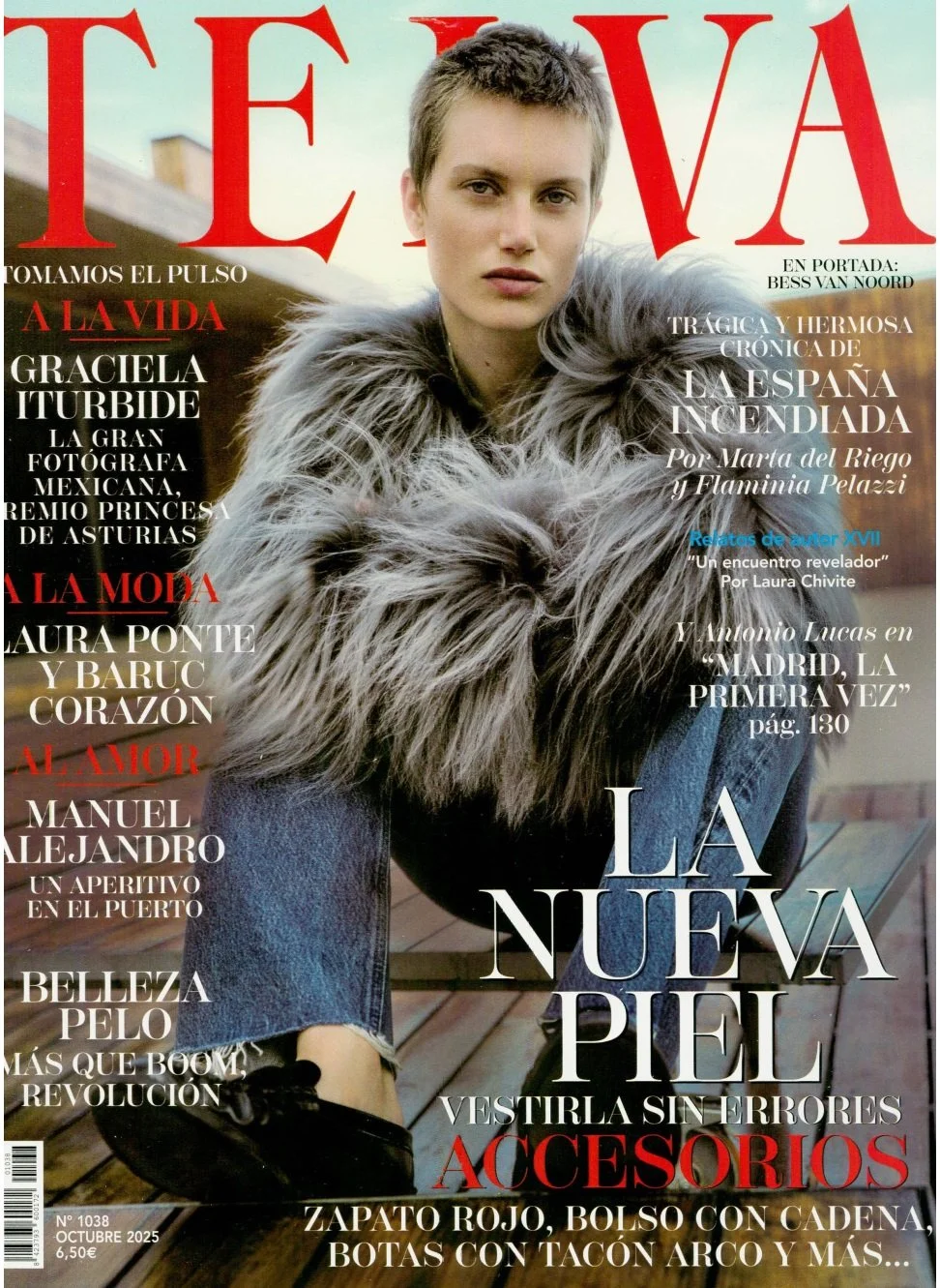 Cover of Elle magazine featuring a young woman with short hair wearing a gray fur coat and sneakers, sitting on a wooden bench outside.