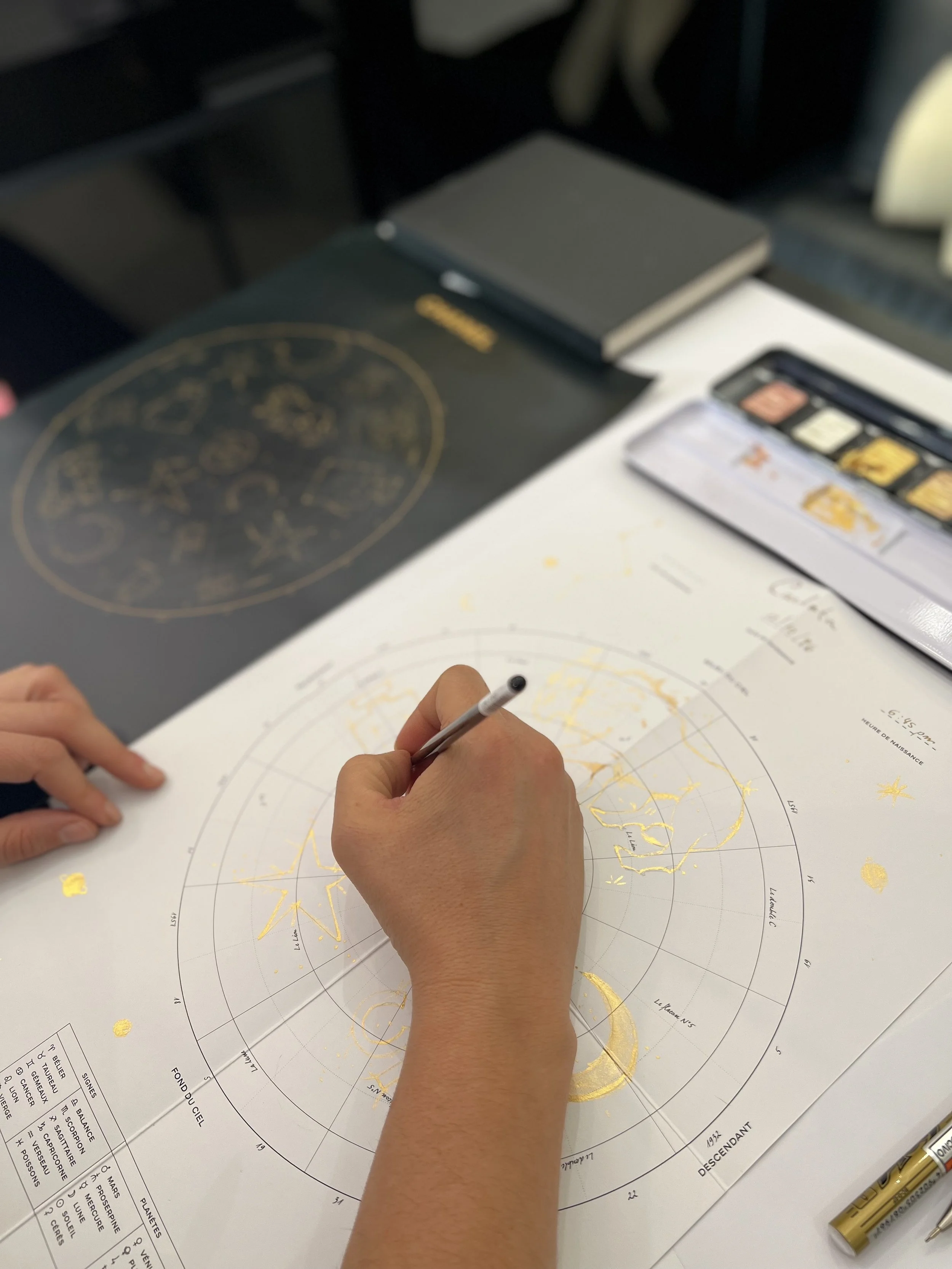 Person drawing gold celestial symbols on a star chart map.