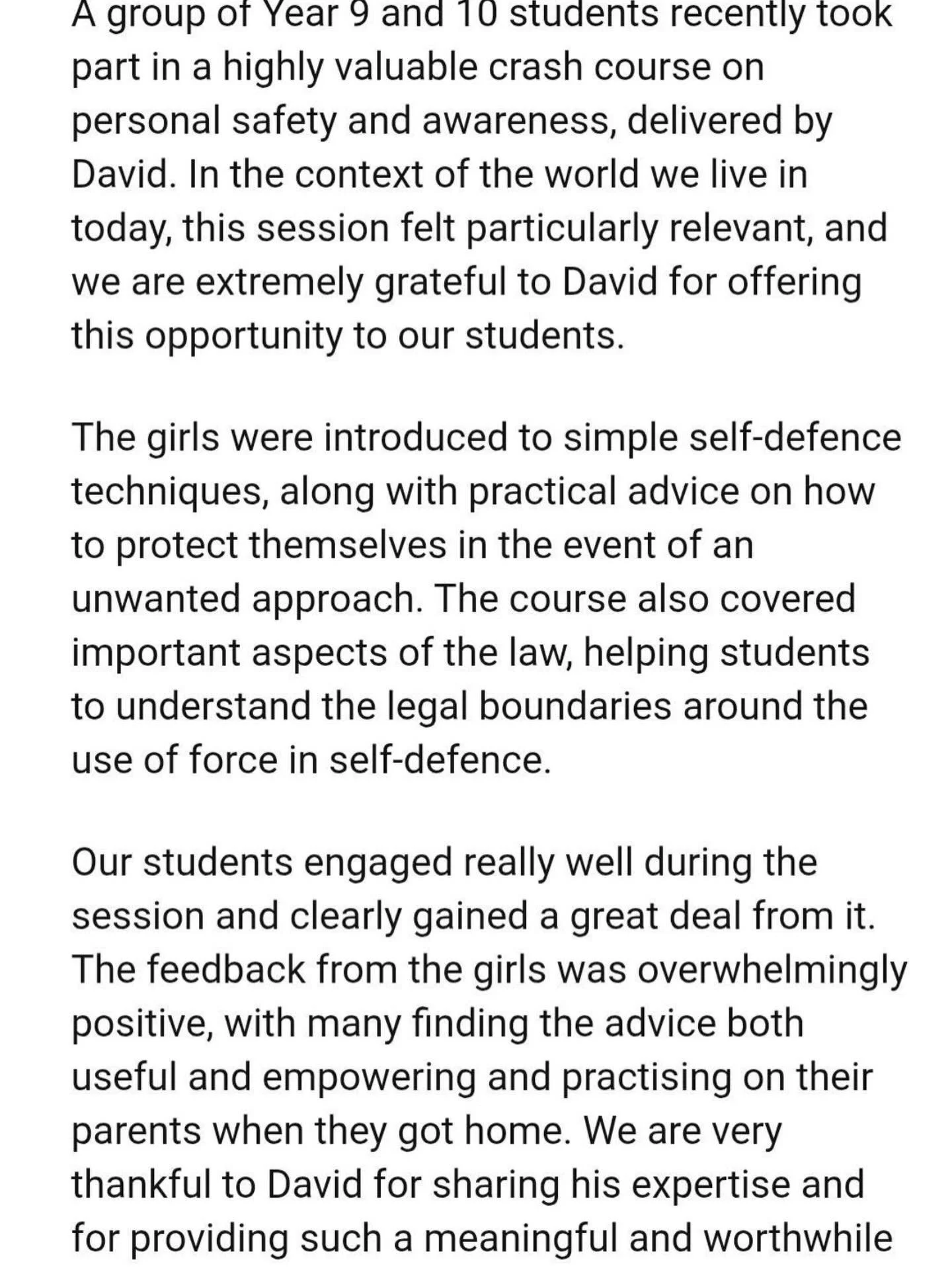 A great review received from our recent course at Cleeve Park School #selfdefenseforwomen #selfdefence #sidcup #bexley