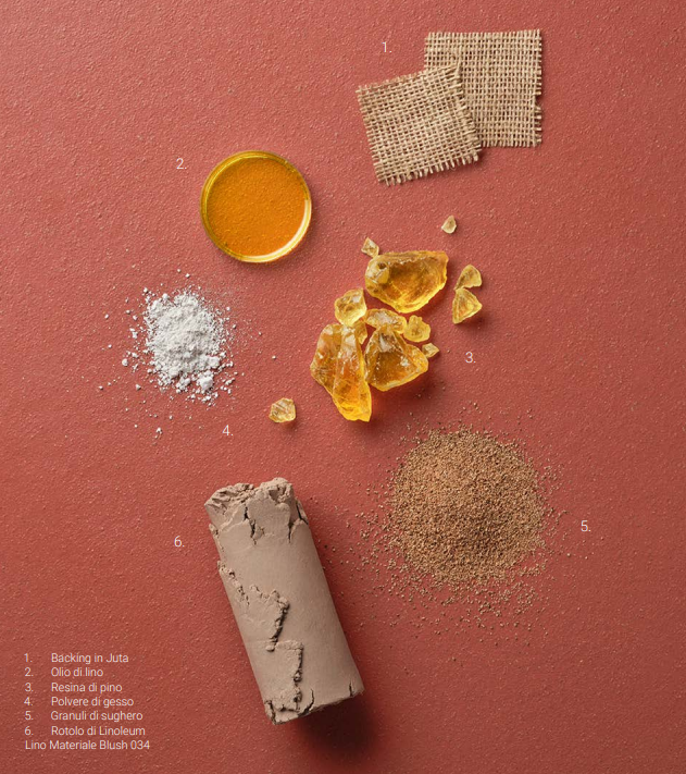 Sei diversi ingredienti disposti su una superficie rosa, tra cui due tessuti di lino, olio di lino, resina di pino, polvere di gesso, granuli di zucchero e un rotolo di lino ulivo. In basso a sinistra ci sono le etichette che descrivono ciascun ingre