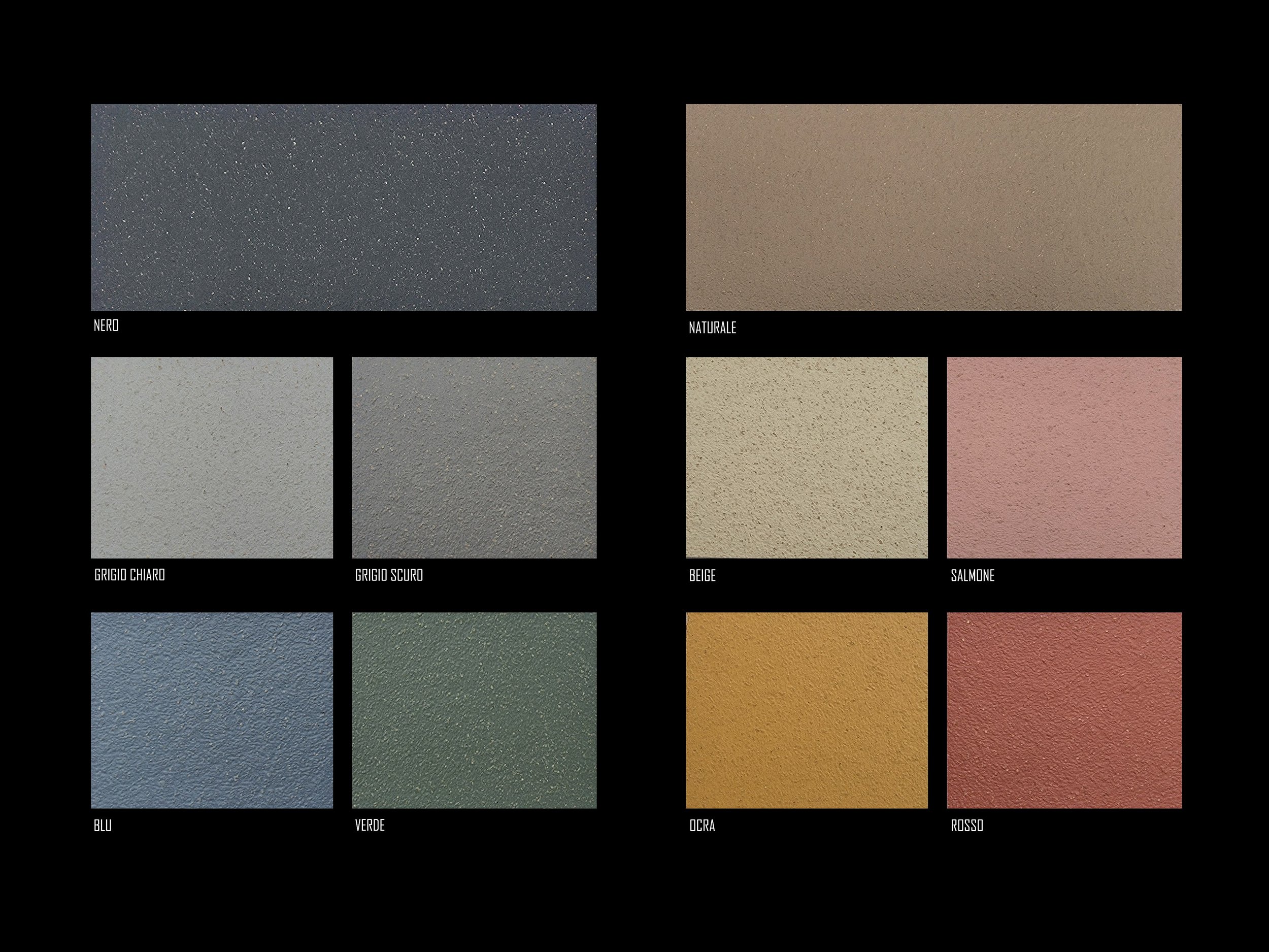 Schema di campioni di colori con finitura ruvida in varie tonalità, tra cui nero, naturale, grigio chiaro, grigio scuro, beige, salmone, blu, verde, ocra e rosso, ciascuno etichettato con il relativo nome.