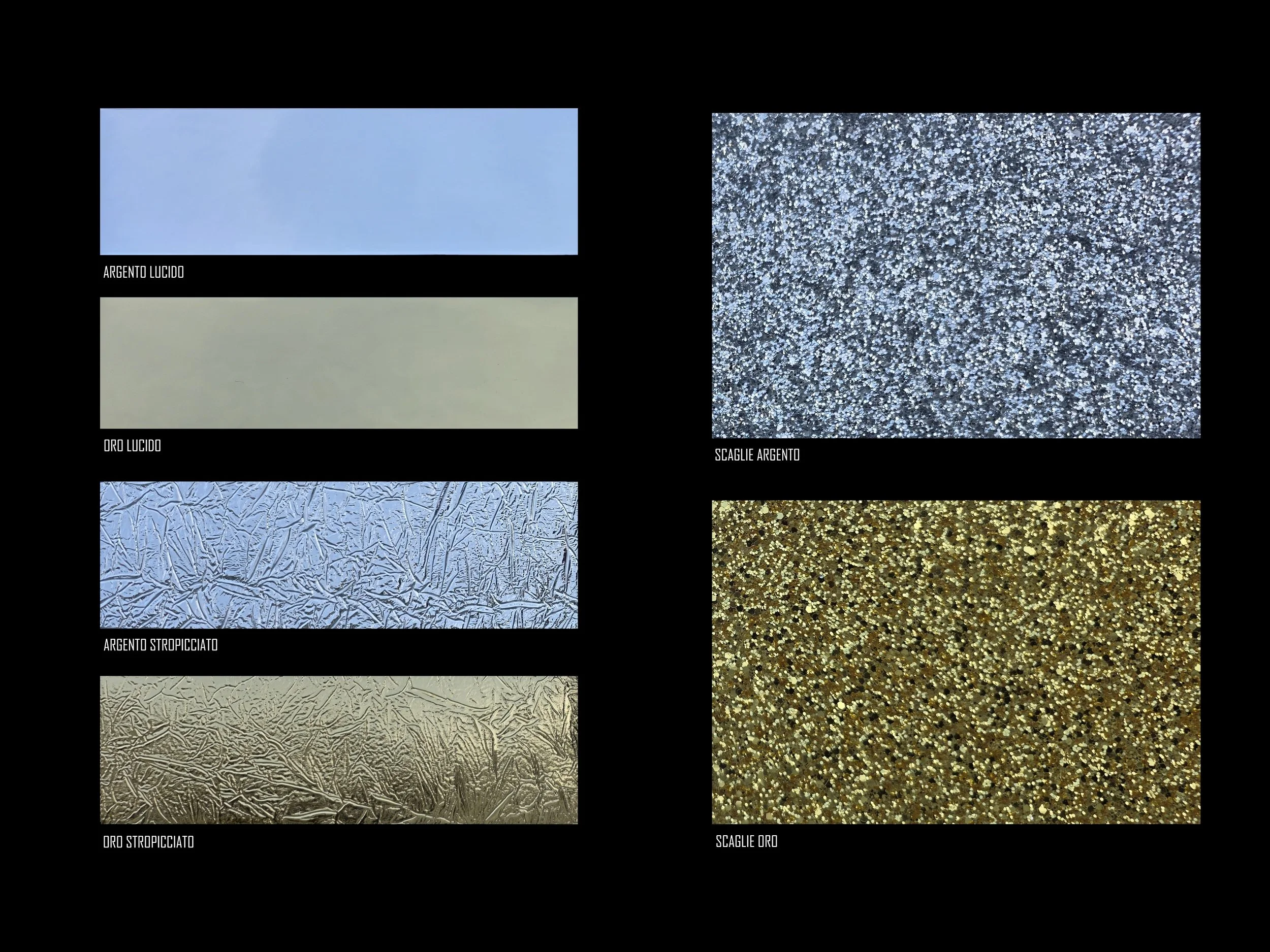 Esempio di diverse finiture di superfici metalliche e decorazioni con descrizioni come argento lucido, oro lucido, argento stropicciato, oro stropicciato, scaglie argento e scaglie oro.