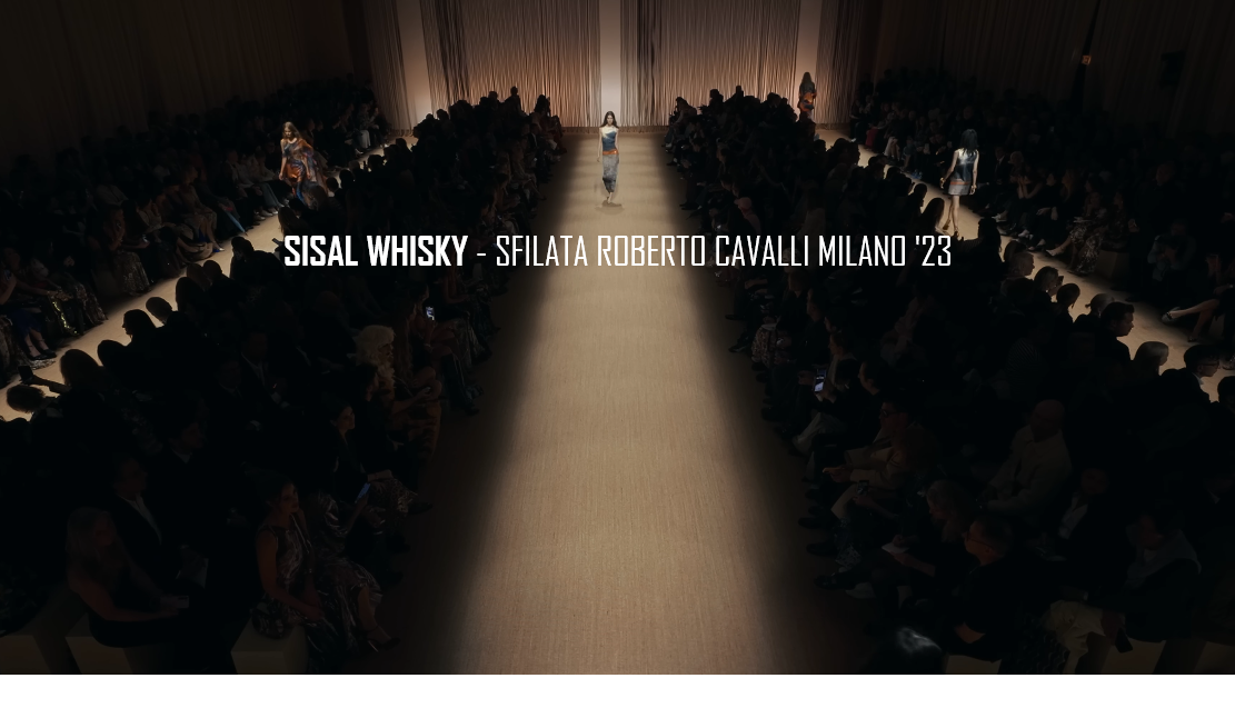 Una passerella di moda con modelli che sfilano tra un pubblico seduto ai lati, in un ambiente con luci soffuse e tende sullo sfondo.