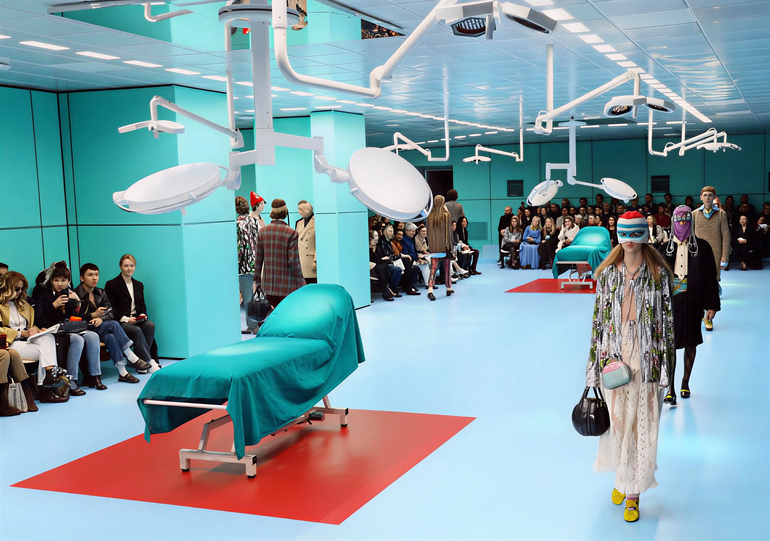 Interno di una sala d'ospedale con persone sedute in sala d'attesa, letti ospedalieri con lenzuola verdi, e un ambiente futuristico con luci a LED, diviso tra aree dedicato alla sala di chirurgia e alla sala d'attesa.