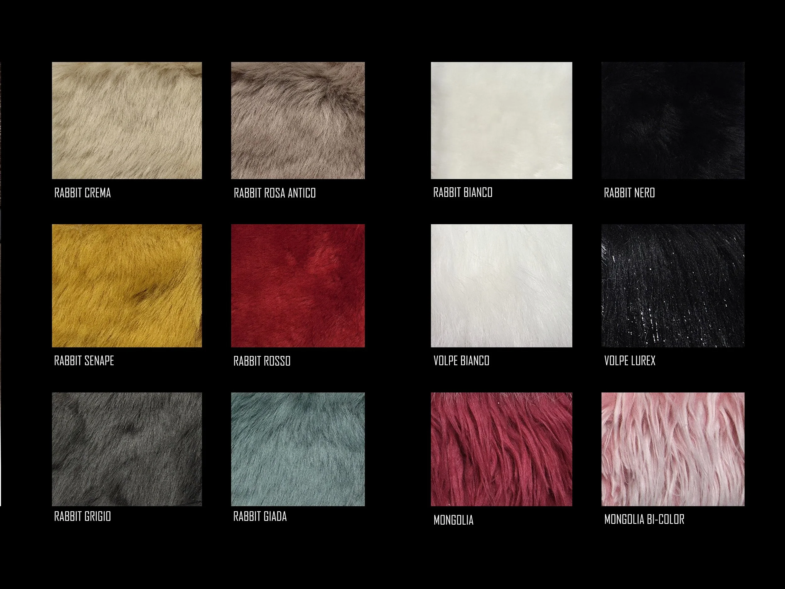 Campionario di diversi tipi di pelliccia di coniglio e volpe in vari colori, tra cui crema, rosa antico, bianco, nero, senape, rosso, grigio, verde acqua, Mongolia e bi-color Mongolia.