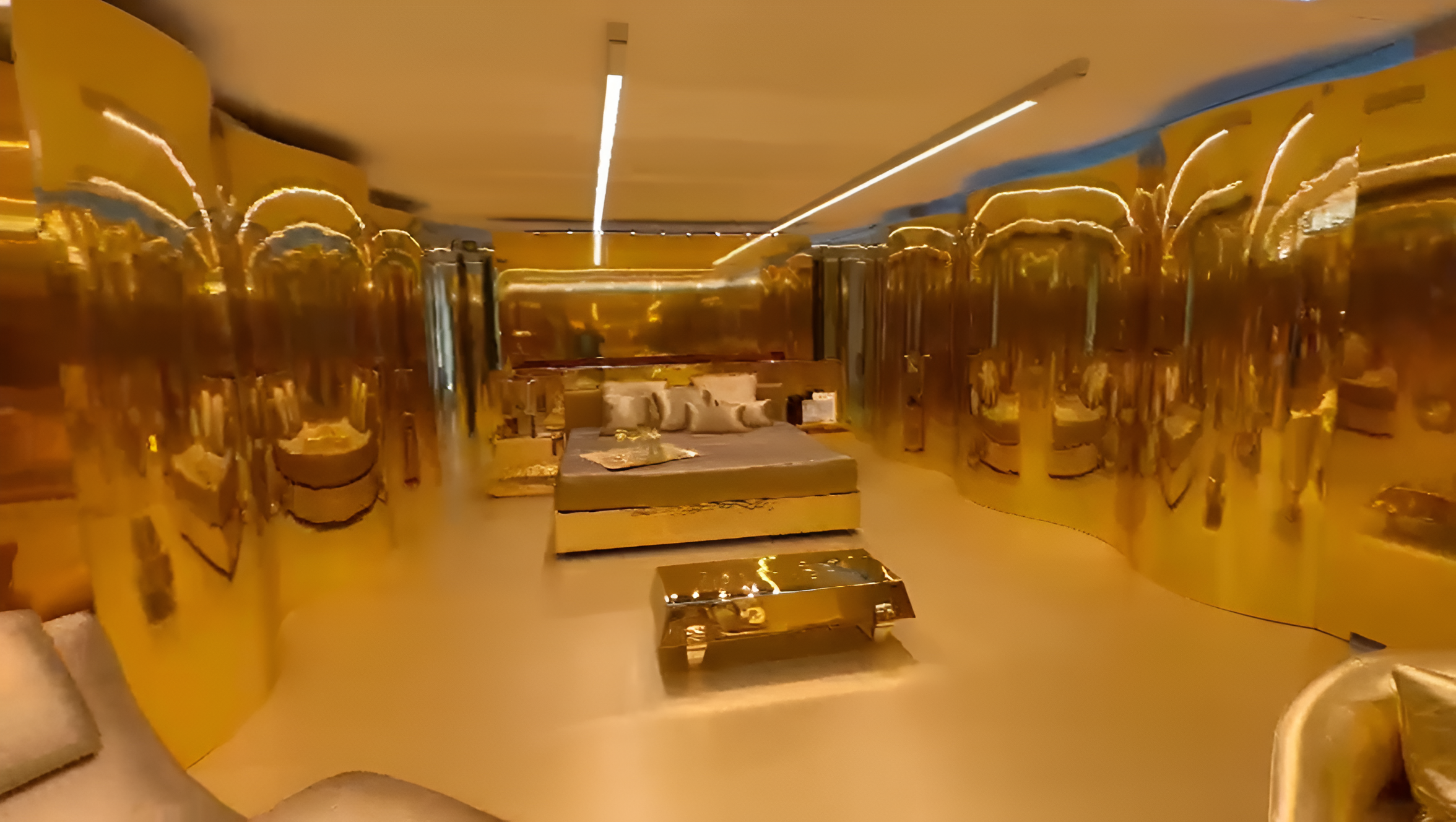 Camera da letto con pareti e mobili dorati, letto con cuscini e tappeti color oro, luminari a soffitto moderni.